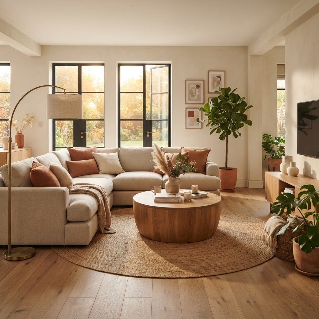 Warm modern living room with a linen sectional sofa and wooden coffee table